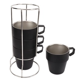 Stackable Stainless Steel Coffee Cups, 4pcs Double Walled Insulated Coffee Mugs with Rack Keep Drinks Hot or Cold Longer, Outdoor Indoor Metal Camping Mugs for Home, Office, Party (Black)