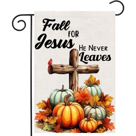 Fall Cross Pumpkin Garden Flags 12x18 Double Sided, Fall for Jesus He Never Leaves Yard Flag for Outside, Autumn Thanksgiving Holiday Seasonal Religious Outdoor Decorations for Home