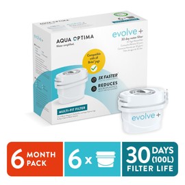 Aqua Optima Water Filter Cartridge, 6 Pack (6 Months Supply), Evolve+, Compatible with Brita Maxtra, Maxtra+ & PerfectFit, 5 Stage Filtration System Reduces Chlorine, Limescale and Other Impurities