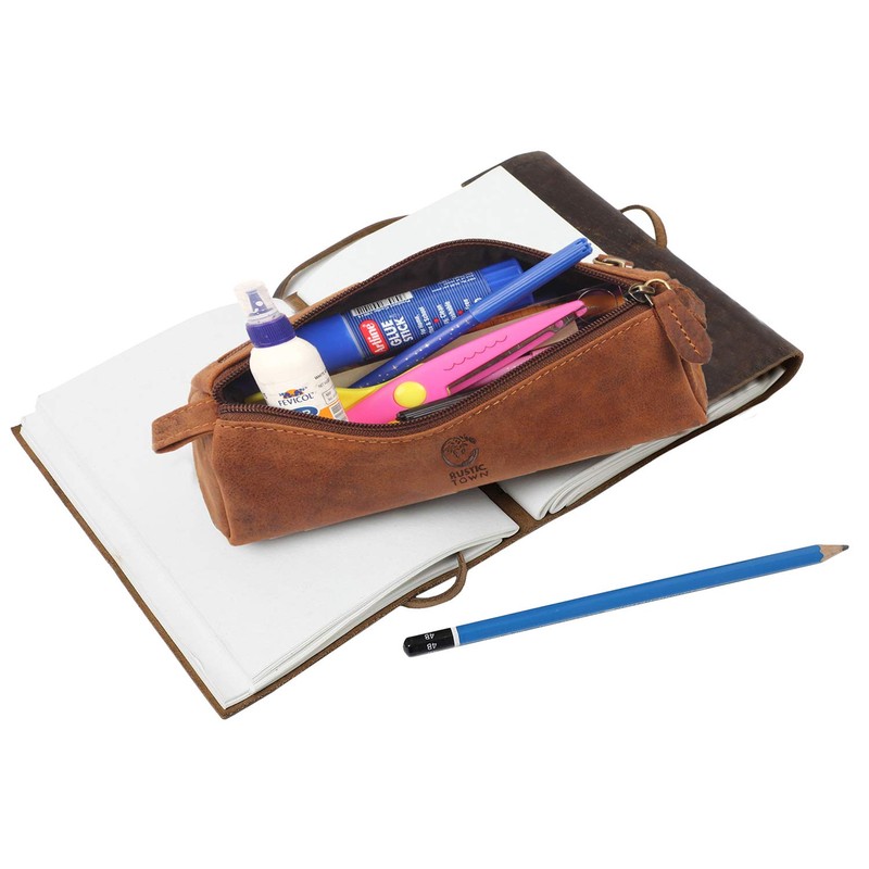 Rustic Town Leather Pencil Case - Zippered Pen Holder Pouch