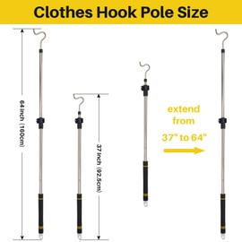 Frebuta Clothes Hook Pole Heavy Duty, 36" to 65" Long Research Pole with Hook Sponge Long Handle Telescoping Pole Stainless Steel Tube S Hook Closet for Reaching Extending Rod Hang High Area Top