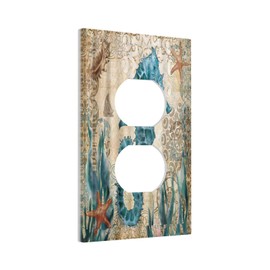 Spshian Vintage Blue Seahorse Seaweed Starfish Ocean Nautical Theme 1 Gang Duplex Outlet Cover Faceplate Decorative Wall Plate Single Receptacle Light Switch Cover Electrical Switchplate for Farm Home