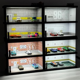 Hot Diecast Wheels Display Case - 1/64 Scale Die-cast Model Car Display Case with LED Light and Acrylic Cover, Wooden Parking Garage in 3 Floors with 10 Parking Spaces (2f-Green)