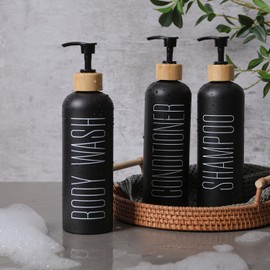 BIKALAN Shampoo Bottles for Filling, 500 ml Shower Gel Dispenser, Shampoo Dispenser for Shower, Black Matte Plastic Soap Dispenser for Bathroom, Pump Dispenser for Conditioner, Pack of 3