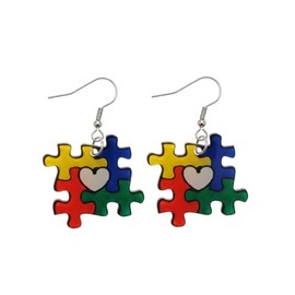 ROSTIVO Puzzle Piece Earrings for Women, Lightweight Acrylic Dangle Earrings with Heart Design, Autism Awareness Jewelry Gift