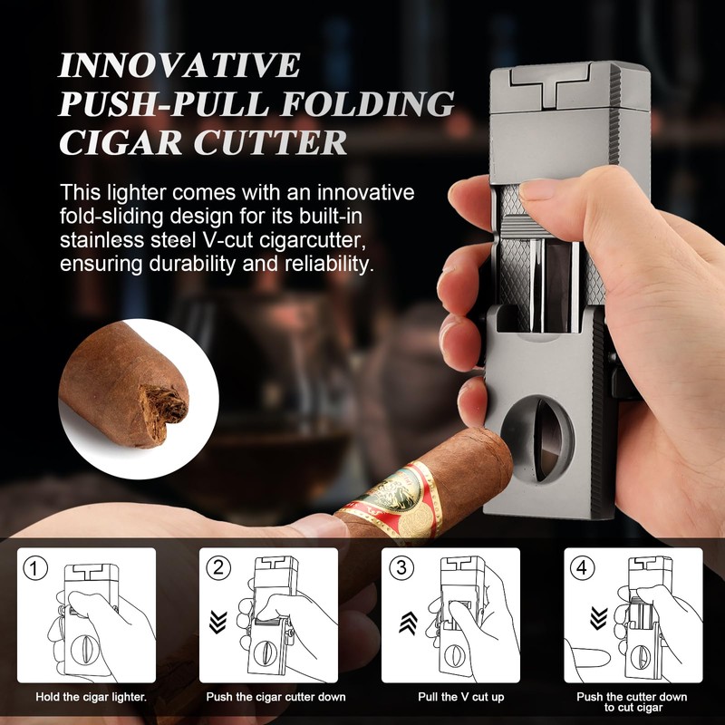 LIHTUN Cigar Lighter Multifunctional All-in-1 Torch Lighters Built-in Holder Cigar