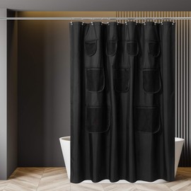 N&Y HOME Waterproof Fabric Shower Curtain or Liner with 9 Mesh Pockets - Black, 71x72 Inches