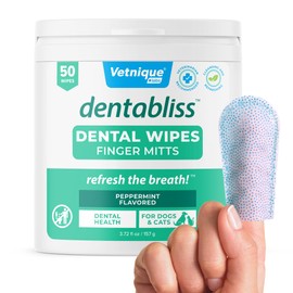 Vetnique Vetnique Dentabliss - Dog Teeth Cleaning Finger Mitt Dental Wipe - Dog Plaque & Tartar Prevention with Brushing Beads - Flavored Dog Teeth Wipes, Dog Breath Freshener (Peppermint)