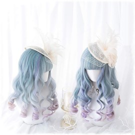 New Straight Pink Blue Color Cosplay Wigs Lolita Harajuku Wig Hair Long curly Wig for women (purple grey blue)