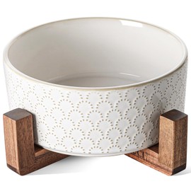 LE TAUCI Dog Bowls Ceramic, Bowl Set with Acacia Wood Stand, 7 Inches Dog Food and Water Bowl for Medium Large Sized, Weighted Dog, Pet Bowls