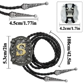 Aswitnove Western Bolo Tie Golden Initial Letter ABJR to XYZ Cowboy Necklace Handmade Leather Bolo Tie for Men Women, Golden S, Large