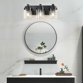 Matte Black 3-Light Bathroom Vanity Light Clear Glass Shade with Vanity Light Fixtures and Mirror Modern Bathroom LightingMaterial: Iron, Color: Black Color