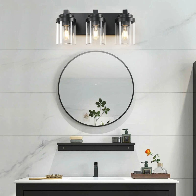 Matte Black 3-Light Bathroom Vanity Light Clear Glass Shade with