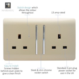 Trendi Switch 2 Gang Artistic Modern Glossy 13 Amp Electrical Long Switched Double Plug Socket Gold