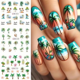 Summer Coconut Tree Nail Art Stickers Water Transfer Nail Decals 12PCS Palm Tree Beach Summer Nails Design Stickers Tropical Style Manicure Sliders Decals for Women Acrylic Nails Decorations Supplies