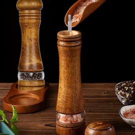 Wooden Salt and Pepper Grinder Set 2PCS 8 Inch - Refillable Manual Salt and Pepper Mill Set with Visible Window