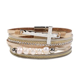 Vercret Leather Wrap Bracelet for Women - Multi-Layer Bracelets with Pearl Cross Beige Magnetic Clasp Bangle Cuff Stacked Bracelet for lady and Mother