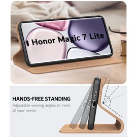 Leacckl for Honor Magic 7 Lite Case, Leather Wallet Case, Flip Case with Card Holder and Magnetic Buckle, Leather Book Case, Matte Khaki