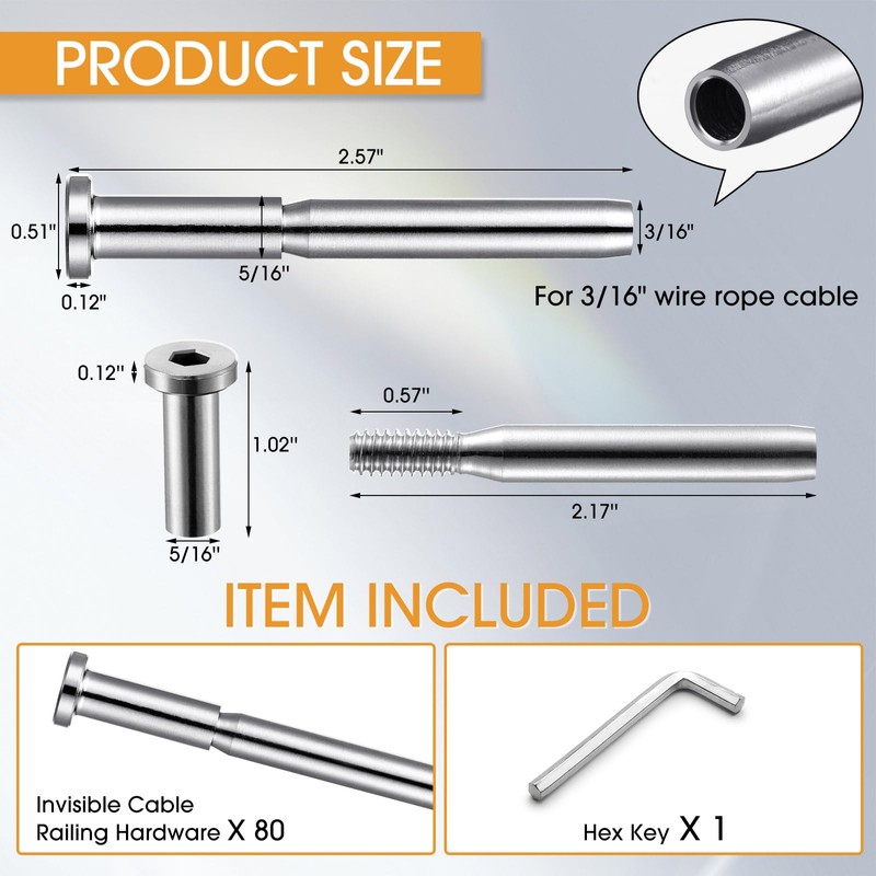 Blulu 80 Pack Invisible Cable Railing Kit, T316 Stainless Steel