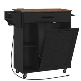 HOOBRO Kitchen Island with Trash Can Storage, Rolling Kitchen Island on Wheels, Mobile Island Cart with Power Outlet, Islands Table for 10 Gallon Garbage Bin, Rustic Brown and Black BF80UZD01G1