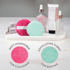 S&T INC. Face Scrubber, Dual-Sided Face Exfoliator with Elastic Strap, Facial Cleansing Pads and Makeup Remover, 3.3 Inch Diameter, 2 Pack, Teal and Pink