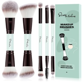 Start Makers 5 Pcs Makeup Brushes Set Double Sided Foundation Contour Blush Highlight Blending Eyebrow Brush Eyeshadow Eyeliner Concealer Brush Bright Cyan Cruelty Free Cosmetic Tools