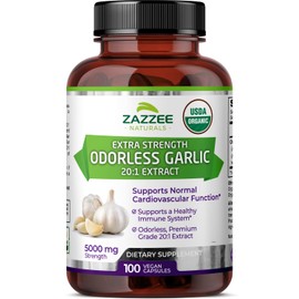 Zazzee USDA Organic Odorless Garlic 20:1 Extract, 5000 mg Strength, 100 Vegan Capsules, 3+ Month Supply, Standardized, Concentrated 20X Extract, 100% Vegetarian, All-Natural, Non-GMO, Made in The USA