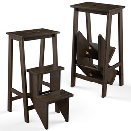 BETTARY 3-Step Folding Wooden Step Stool, Portable Anti-Slip Step Ladder, Foldable Wood Counter Staircase, Multifunctional Flower Shelf & Chair for Kitchen/Garage/Living Room/Library (Brown)