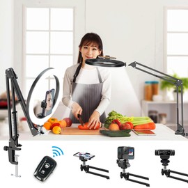 LUXSURE Ring Light, Arm Type, Overview Photography, Smartphone Stand, 10 Inches, Tabletop Clip Type, Lighting Shooting Light, 3 Color Modes, 10 Level Dimming, Hand Shooting, No Shadows, Light Stability, 360° Rotation, Cooking, Painting, Crafts, Classroom