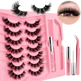 7 Pairs of 3D False Eyelashes, Cat's Eye with Glue and Tweezer Kit, Fluffy Volume Curly Cat-Eye Artificial Eyelashes, Natural Look, Reusable Faux Mink Makeup Eyelashes Set (XK05-Kit)