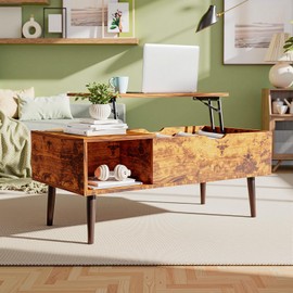 OLIXIS Wood Lift Top Coffee Table with Hidden Compartment and Large Storage Shelf, Lift Tabletop Dining Center Table for Home Living Room Office, Aged Wood