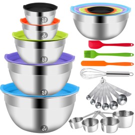 WEPSEN Mixing Bowls with Lid Set, 25PCS Kitchen Utensils Metal Bowl Stainless Steel Nesting Bowls, Measuring Cups and Spoons, Egg Whisk for Baking Prepping Cooking Serving Supplies
