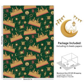 Happy Eid Mubarak Gift Wrapping Paper Set 8 Sheets in 8 Designs Folded Flat 20x28 inches per sheet For Kids Islam Ramadan Holiday Party Celebration Decorations
