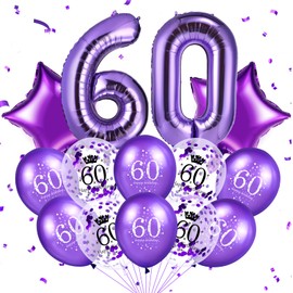 Purple 60th Birthday Balloon Decorations 40 Inch Number 60 Birthday Star Foil Balloons Happy 60th Birthday Confetti Latex Balloons for Women Men 60th Birthday Anniversary Party Supplies