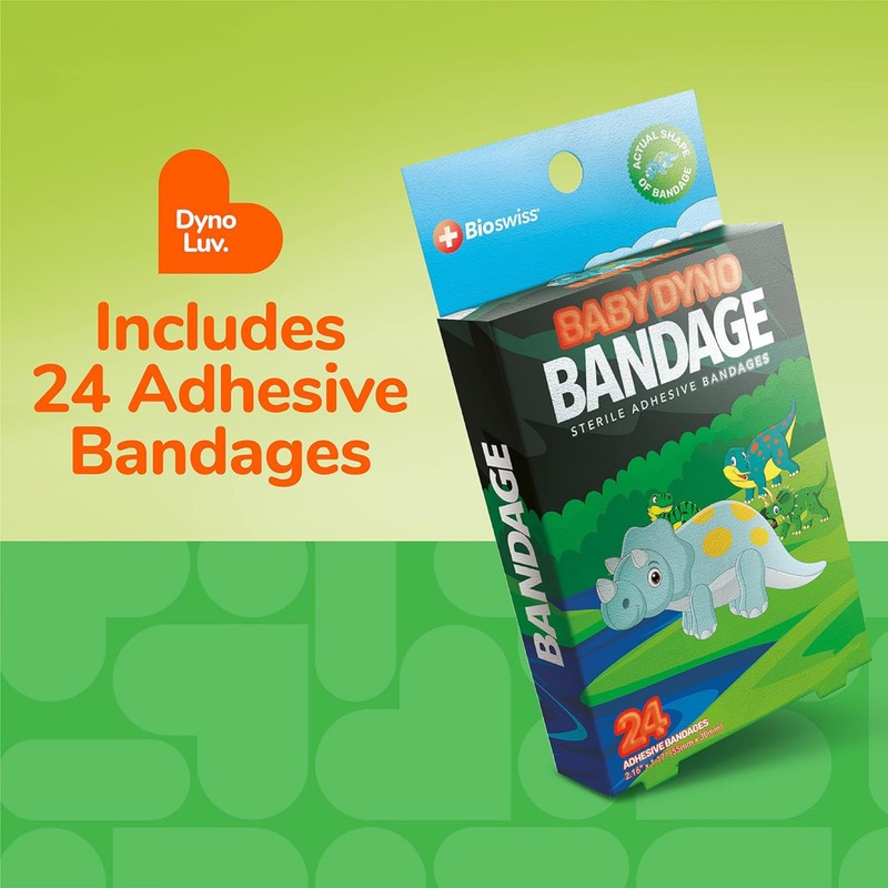 BioSwiss Bandages, Baby Dino Shaped Self Adhesive Bandage Set, Latex