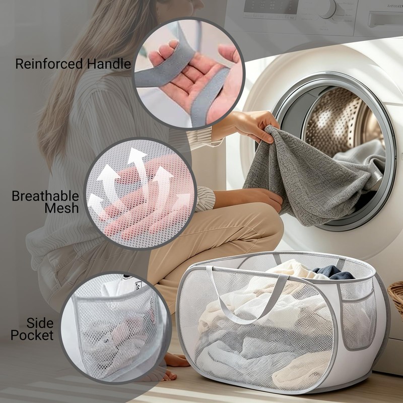 Collapsible Laundry Baskets, 3 Pack Mesh Pop-Up Laundry Hampers