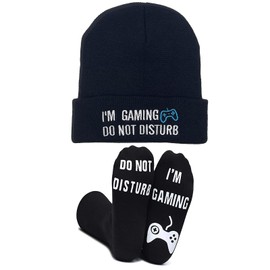 Funny Gamer Gifts - Do Not Disturb I'm Gaming Socks & Beanie Hat Gamer Set for Men Women Boys Girls Gamer Lovers