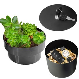 Safe in the Shape of a Flower Pot, Flower Pot with Secret Compartment and Key Lock, Metal Flower Pot Diversion Safe, Hidden Safe, Disguised Secret Hiding Place for Keys, Cash, Watch (Black)