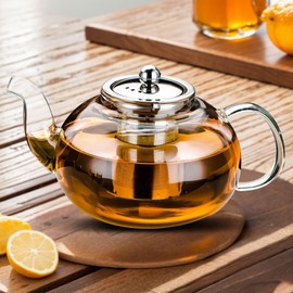 Tetera de Vidrio para Estufa, Teteras con Acero Inoxidable Infusor y Tapa de Vidrio, Tetera de Cristal para Té Floreciente Té de Hojas Suelta y Café Apta para Estufa y Placas de Inducción (800ml)