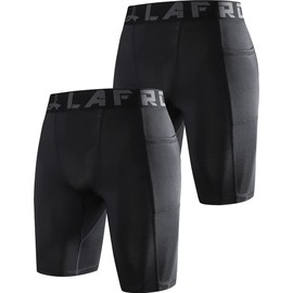 LAFROI YSK09 Men's Quick Dry Cool Compression Fit Tights Shorts Waistband, Pocket Black X2