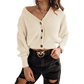 Women's Button Down Cropped Cardigans Long Sleeve Rib Knit Fall Shrug Sweaters Beige