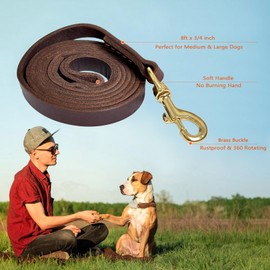 Guiding Star Leather Dog Leash 8ft, Dog Leashes for Large Dogs Heavy Duty, Soft Handmade Leather Training Leash for Medium & Large Dogs (8ftx3/4inch, Brown)