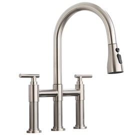 Farmhouse Bridge Kitchen Faucets for Sink 3 Hole with Pull Out Sprayer - 2 Handle High Arc Gooseneck Retro Faucet with 360° Swivel, Hot & Cold Control, 3 Spray Modes, Brushed Nickel