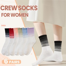 WEVIAS Crew Socks Womens White Thin Cotton Long Socks Lightweight Casual Calf Socks 6 Pairs (6 Pairs Stripe)