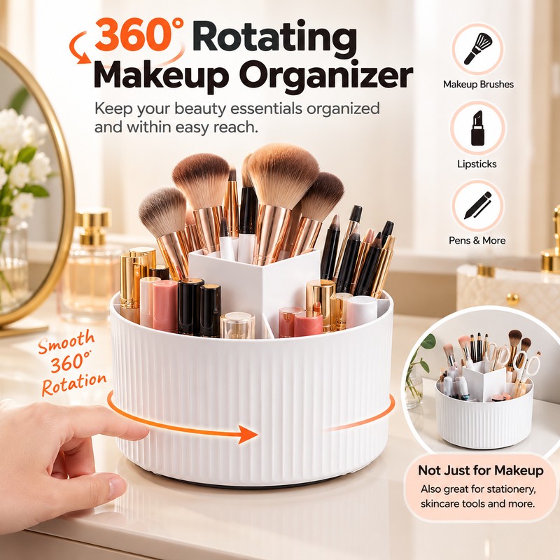 Rotating Makeup Brush Organizer for Vanity Storage – 360° Spinning