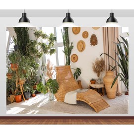 CORFOTO 7x5ft Fabric Boho Apartment Interior Backdrop Bamboo Armchair Green Plants Living Room Backdrop Spring Theme Modern Interior Photography Backdrop Kids Portrait Photo Booth
