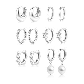 ZELORES 6 Pairs Gold Plated Hoop Earrings Trendy 14K Gold Plated Chunky Hoop Earrings Stack Multipack Pearl Chain Dangle Gold Hoop Earring for Women(Silver-Square)