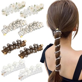 Spiral Hair Tie, Telephone Spiral Hair Ties with Beads and Roses, Bands No Damage for Women Girls Long Curly Pony Tail (8 PCS, Assorted Colors)