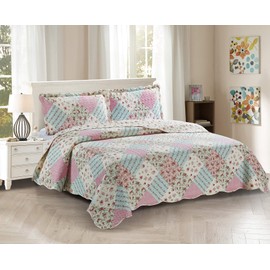 Brilliant Sunshine Roses Quilt Set, 3-Piece Bedding Sets with 2 King Pillow Shams, Patchwork Design, Washable and Reversible Bedspread, Soft Lightweight Coverlet, All-Season, King/Cal King, Pink Green