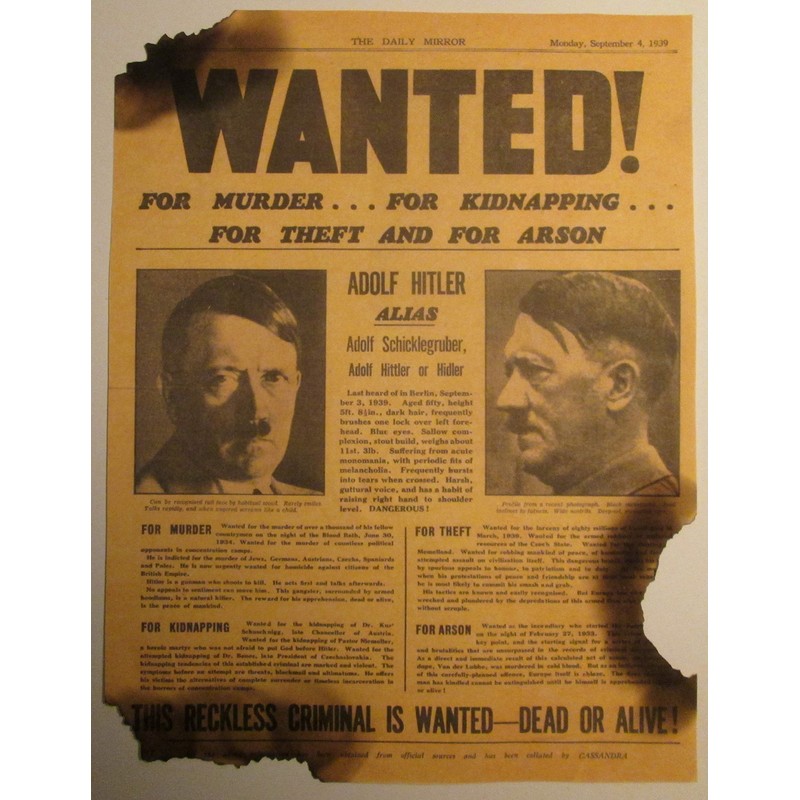 Framed World War Two, WW2 Newspaper. Nazi ADOLF HITLER Wanted